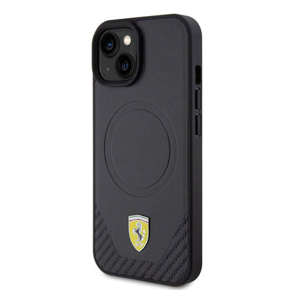 Apple iPhone 15 Plus Kılıf Ferrari Orjinal Lisanslı M-safe Şarj Özellikli Metal Logolu PU Karbon Kapak Kırmızı