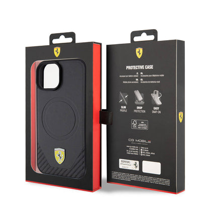 Apple iPhone 15 Plus Kılıf Ferrari Orjinal Lisanslı M-safe Şarj Özellikli Metal Logolu PU Karbon Kapak Kırmızı