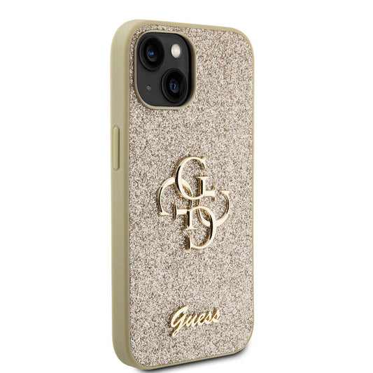 Apple iPhone 15 Plus Case Guess Original Licensed 4G Large Metal Logo Glitter Cover Gold