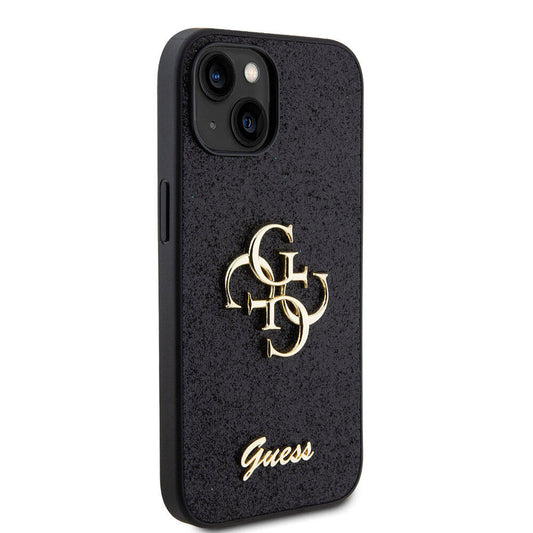 Apple iPhone 15 Plus Case Guess Original Licensed 4G Large Metal Logo Glitter Cover Black