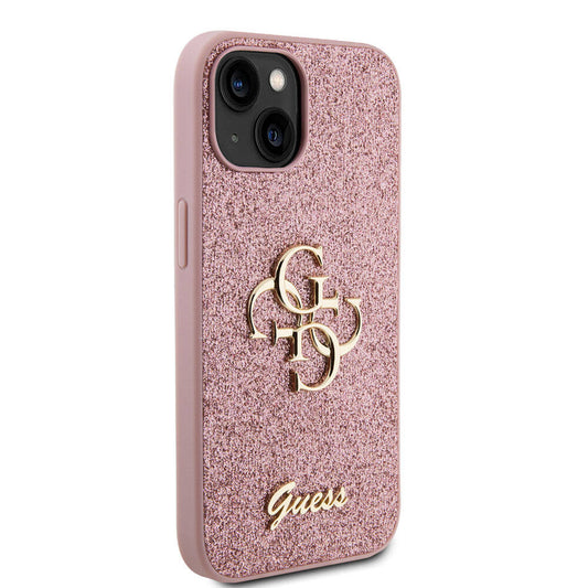 Apple iPhone 15 Plus Case Guess Original Licensed 4G Large Metal Logo Glitter Cover Pink