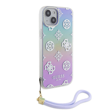 Apple iPhone 15 Plus Case Guess Original Licensed Patterned Text Logo Strap Holographic Glitter Peony Cover Turquoise