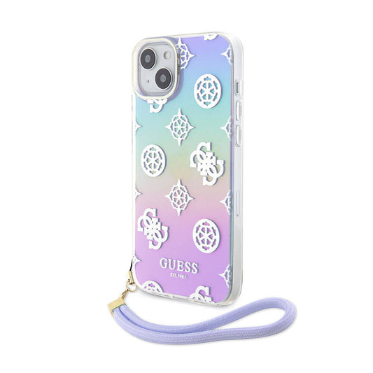Apple iPhone 15 Plus Case Guess Original Licensed Patterned Text Logo Holographic Glitter Peony Cover Purple