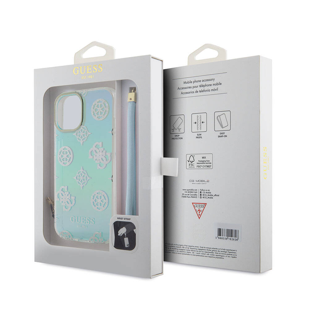 Apple iPhone 15 Plus Case Guess Original Licensed Patterned Text Logo Strap Holographic Glitter Peony Cover Turquoise