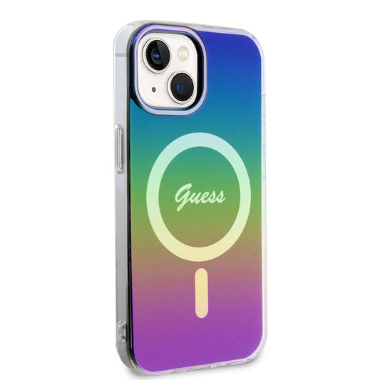 Apple iPhone 15 Plus Case Guess Original Licensed M-safe Charging Feature Iridescent Cover with Text Logo Black