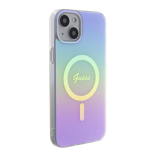 Apple iPhone 15 Plus Case Guess Original Licensed M-safe Charging Feature Iridescent Cover Purple with Text Logo
