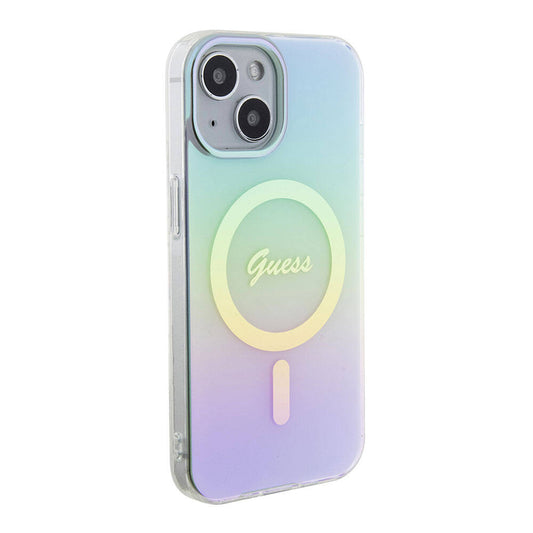 Apple iPhone 15 Plus Case Guess Original Licensed M-safe Charging Feature Iridescent Cover Turquoise with Text Logo
