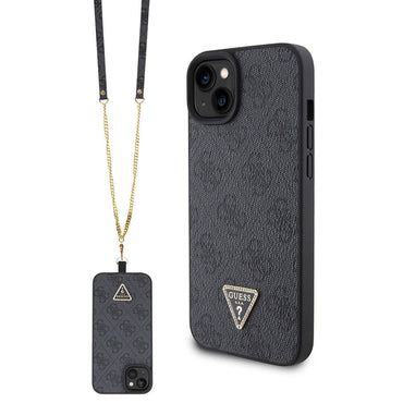 Apple iPhone 15 Plus Case Guess Original Licensed PU Leather Strap Stone Triangle Logo 4G Patterned Strass Crossbody Cover Black 