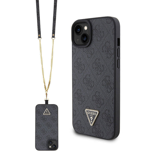 Apple iPhone 15 Plus Case Guess Original Licensed PU Leather Strap Stone Triangle Logo 4G Patterned Strass Crossbody Cover Black 
