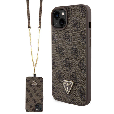 Apple iPhone 15 Plus Case Guess Original Licensed PU Leather Strap Stone Triangle Logo 4G Patterned Strass Crossbody Cover Brown