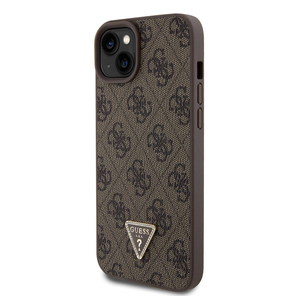 Apple iPhone 15 Plus Case Guess Original Licensed PU Leather Strap Stone Triangle Logo 4G Patterned Strass Crossbody Cover Brown