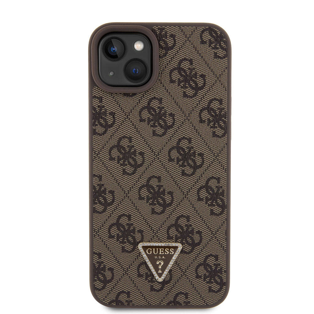 Apple iPhone 15 Plus Case Guess Original Licensed PU Leather Strap Stone Triangle Logo 4G Patterned Strass Crossbody Cover Brown