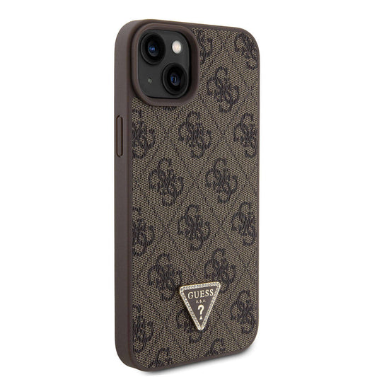Apple iPhone 15 Plus Case Guess Original Licensed PU Leather Strap Stone Triangle Logo 4G Patterned Strass Crossbody Cover Brown
