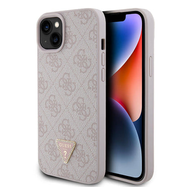 Apple iPhone 15 Plus Case Guess Original Licensed PU Leather Stone Triangle Logo 4G Patterned Cover Pink