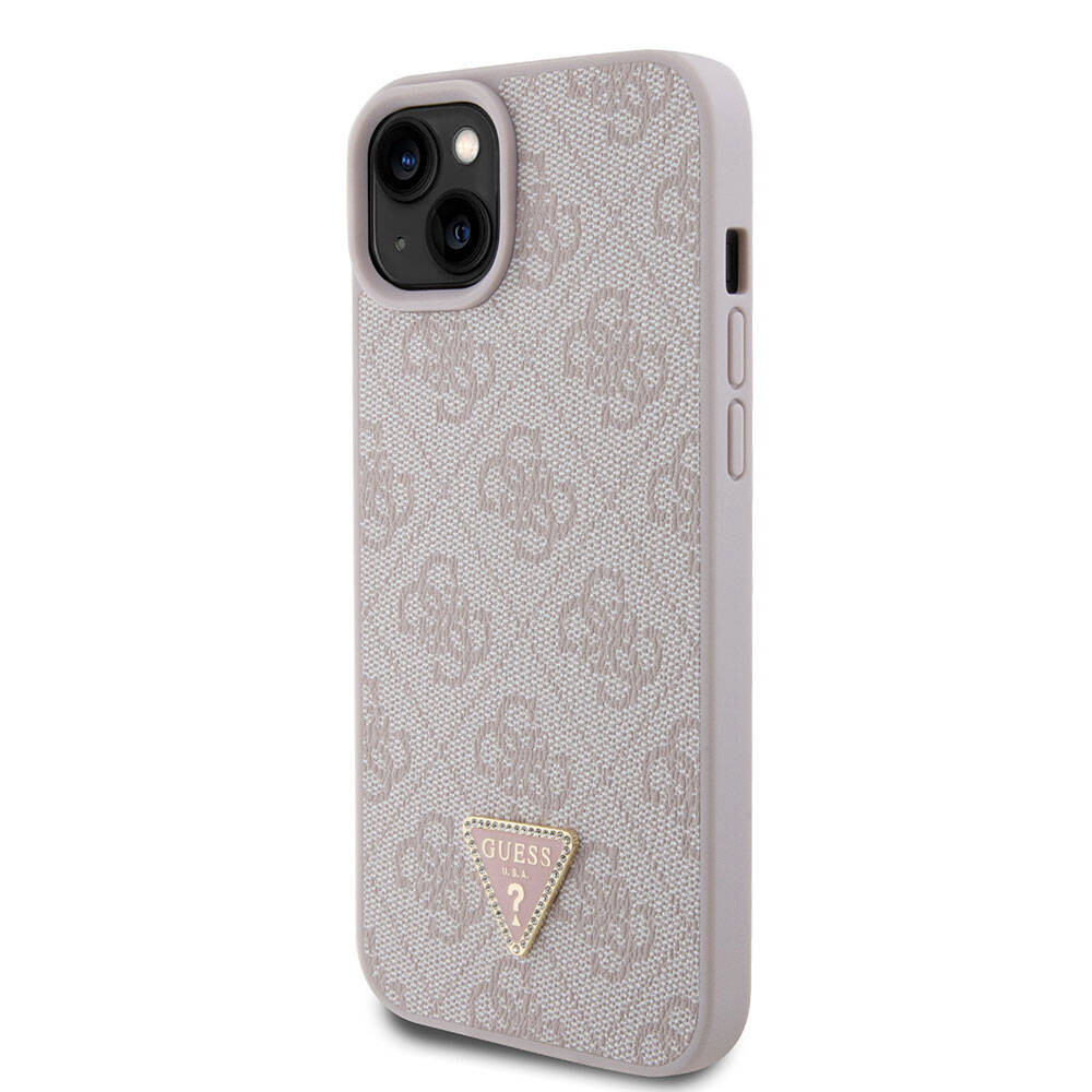 Apple iPhone 15 Plus Case Guess Original Licensed PU Leather Stone Triangle Logo 4G Patterned Cover Pink