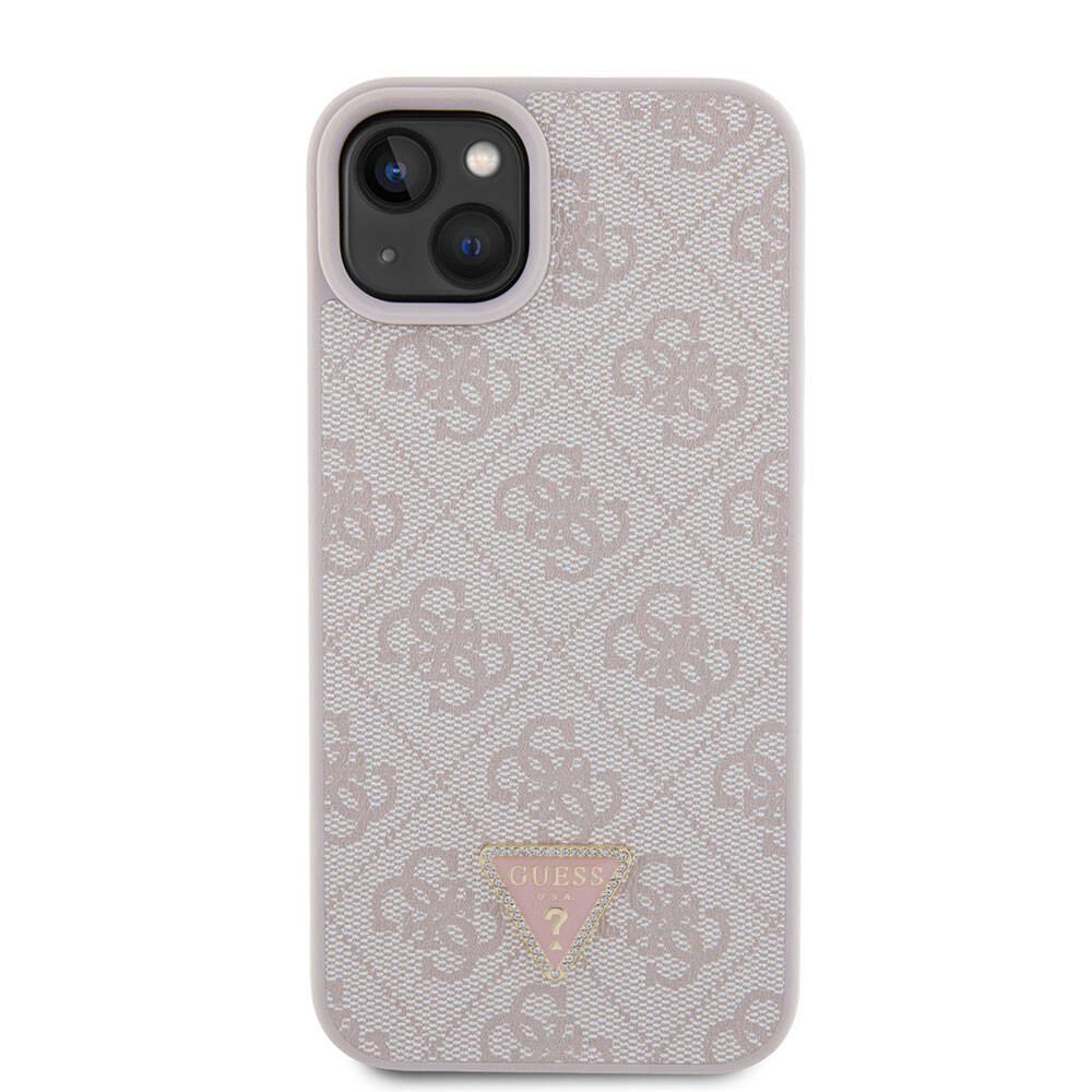 Apple iPhone 15 Plus Case Guess Original Licensed PU Leather Stone Triangle Logo 4G Patterned Cover Pink