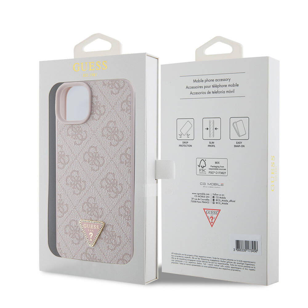 Apple iPhone 15 Plus Case Guess Original Licensed PU Leather Stone Triangle Logo 4G Patterned Cover Pink