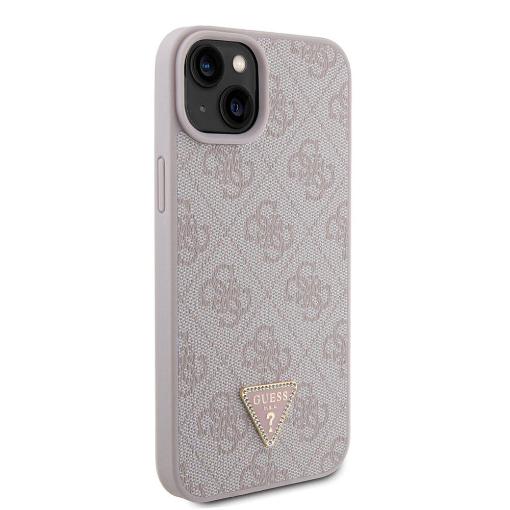 Apple iPhone 15 Plus Case Guess Original Licensed PU Leather Stone Triangle Logo 4G Patterned Cover Pink