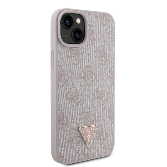 Apple iPhone 15 Plus Case Guess Original Licensed PU Leather Stone Triangle Logo 4G Patterned Cover Pink