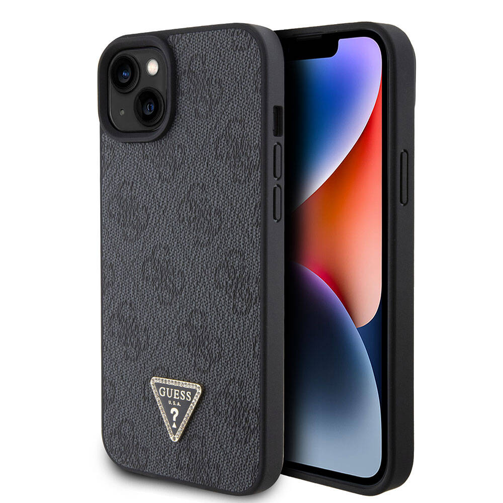 Apple iPhone 15 Plus Case Guess Original Licensed PU Leather Stone Triangle Logo 4G Patterned Cover Pink