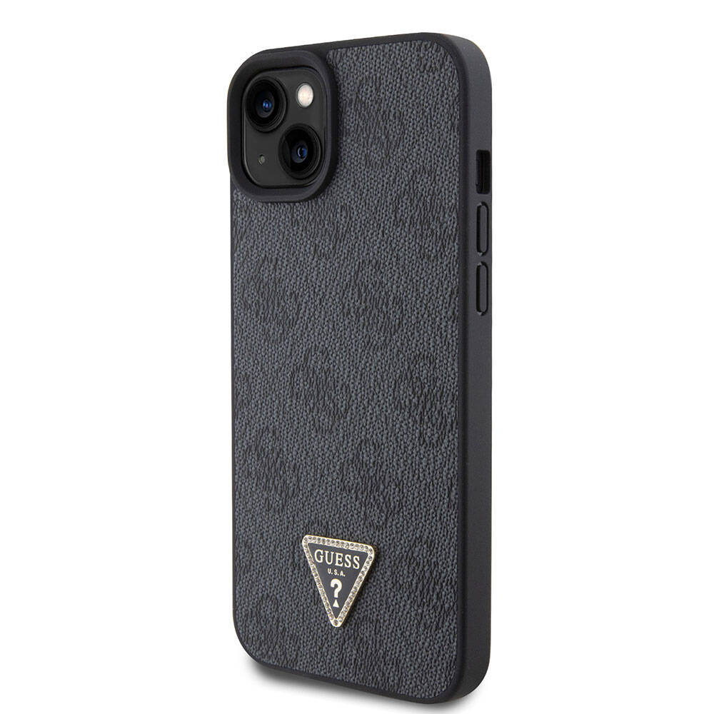 Apple iPhone 15 Plus Case Guess Original Licensed PU Leather Stone Triangle Logo 4G Patterned Cover Pink