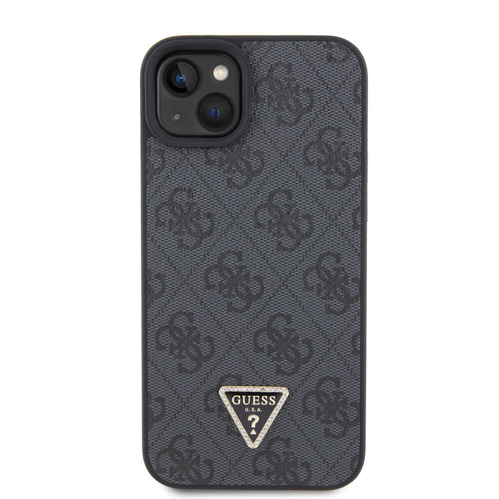 Apple iPhone 15 Plus Case Guess Original Licensed PU Leather Stone Triangle Logo 4G Patterned Cover Black