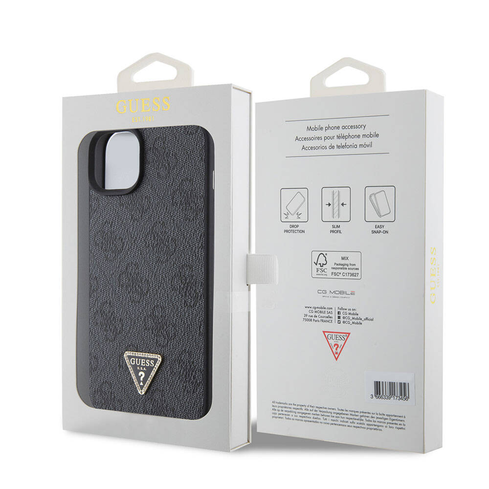 Apple iPhone 15 Plus Case Guess Original Licensed PU Leather Stone Triangle Logo 4G Patterned Cover Pink