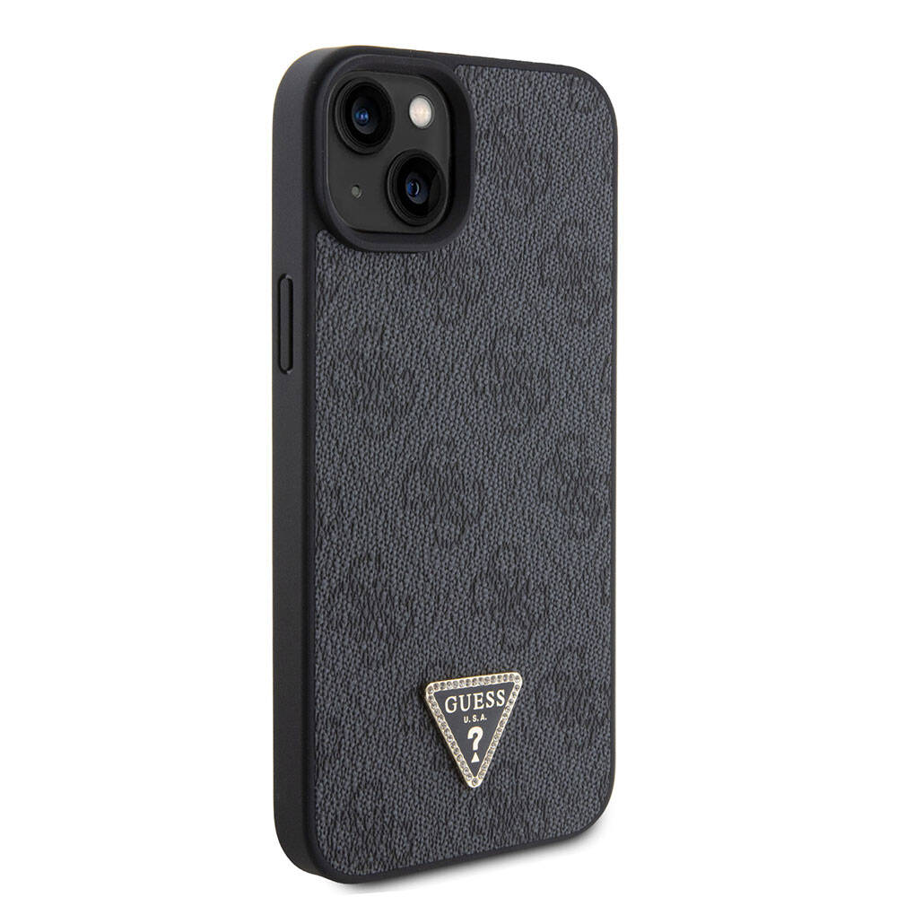 Apple iPhone 15 Plus Case Guess Original Licensed PU Leather Stone Triangle Logo 4G Patterned Cover Black