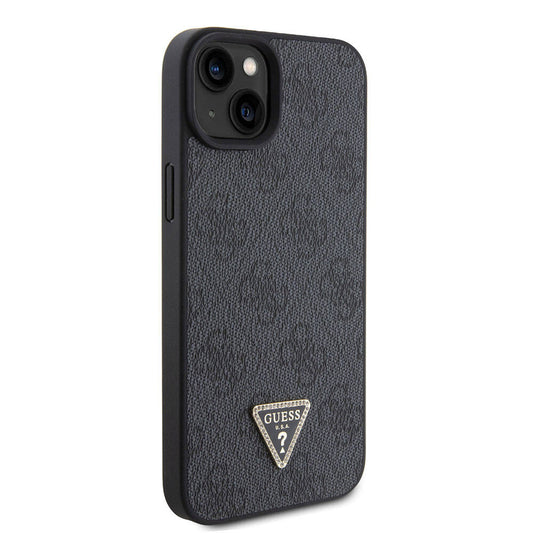 Apple iPhone 15 Plus Case Guess Original Licensed PU Leather Stone Triangle Logo 4G Patterned Cover Black