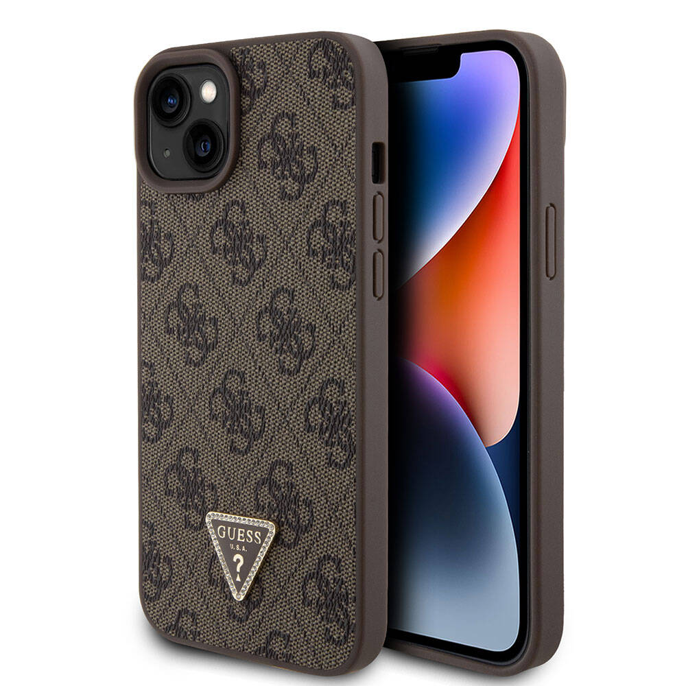 Apple iPhone 15 Plus Case Guess Original Licensed PU Leather Stone Triangle Logo 4G Patterned Strass Cover Brown