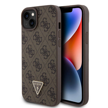 Apple iPhone 15 Plus Case Guess Original Licensed PU Leather Stone Triangle Logo 4G Patterned Strass Cover Brown