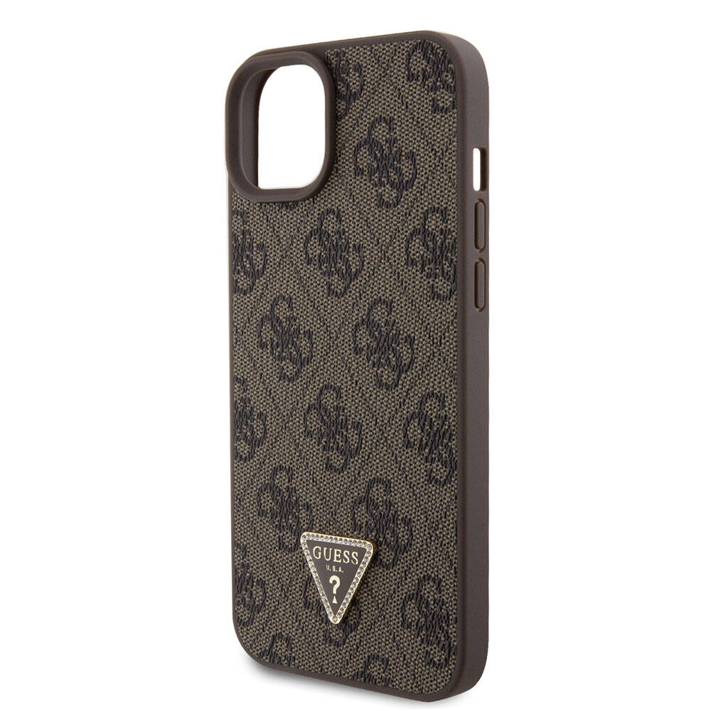Apple iPhone 15 Plus Case Guess Original Licensed PU Leather Stone Triangle Logo 4G Patterned Strass Cover Brown