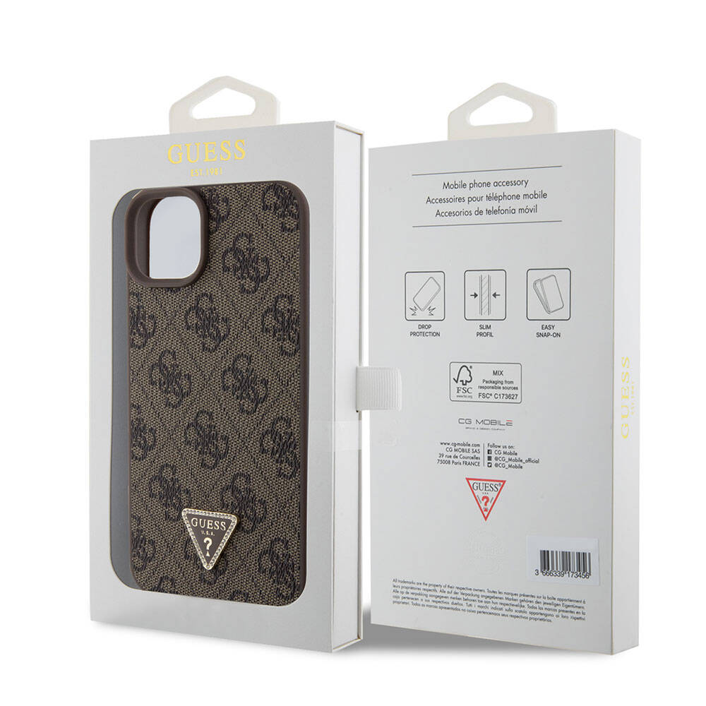 Apple iPhone 15 Plus Case Guess Original Licensed PU Leather Stone Triangle Logo 4G Patterned Strass Cover Brown