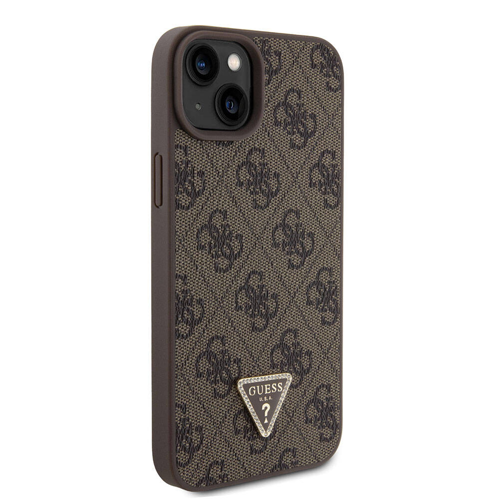 Apple iPhone 15 Plus Case Guess Original Licensed PU Leather Stone Triangle Logo 4G Patterned Strass Cover Brown