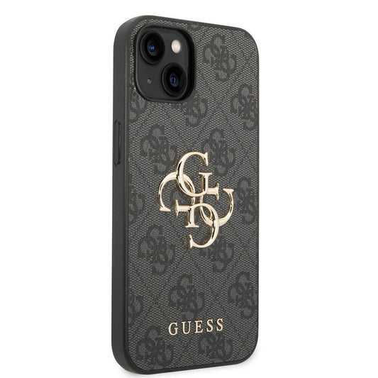 Apple iPhone 15 Plus Case Guess Original Licensed PU Leather Cover with Text and 4G Metal Logo Pattern Gray