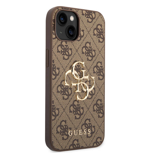 Apple iPhone 15 Plus Case Guess Original Licensed PU Leather Cover with Text and 4G Metal Logo Pattern Brown