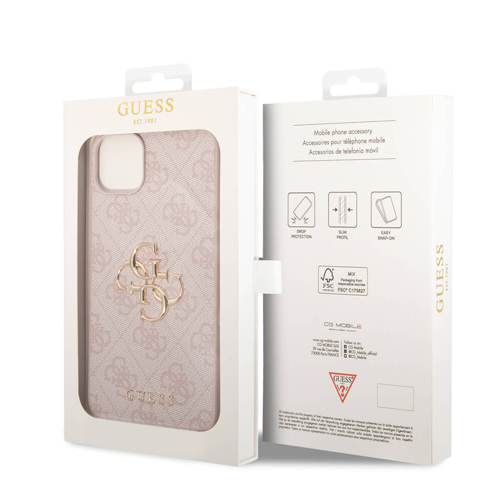 Apple iPhone 15 Plus Case Guess Original Licensed PU Leather Cover with Text and 4G Metal Logo Pattern Gray