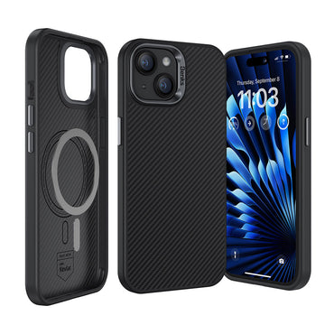 Apple iPhone 15 Plus Carbon Fiber Case with M-Safe Charging Feature Benks Hybrid ArmorPro 600D Kevlar Cover Black 