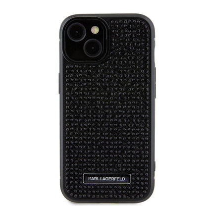 Apple iPhone 15 Plus Kılıf Karl Lagerfeld Taşlı Metal Logo Orjinal Lisanslı Kapak Gümüş