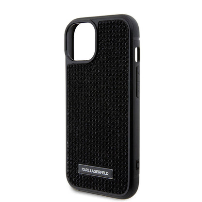 Apple iPhone 15 Plus Kılıf Karl Lagerfeld Taşlı Metal Logo Orjinal Lisanslı Kapak Siyah