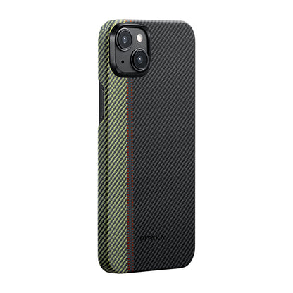 Apple iPhone 15 Plus Kılıf M-safe Şarj Özellikli 600D Aramid Fiber Pitaka Tactile Woven Orchestra Serisi Overture Kapak Siyah-Yeşil