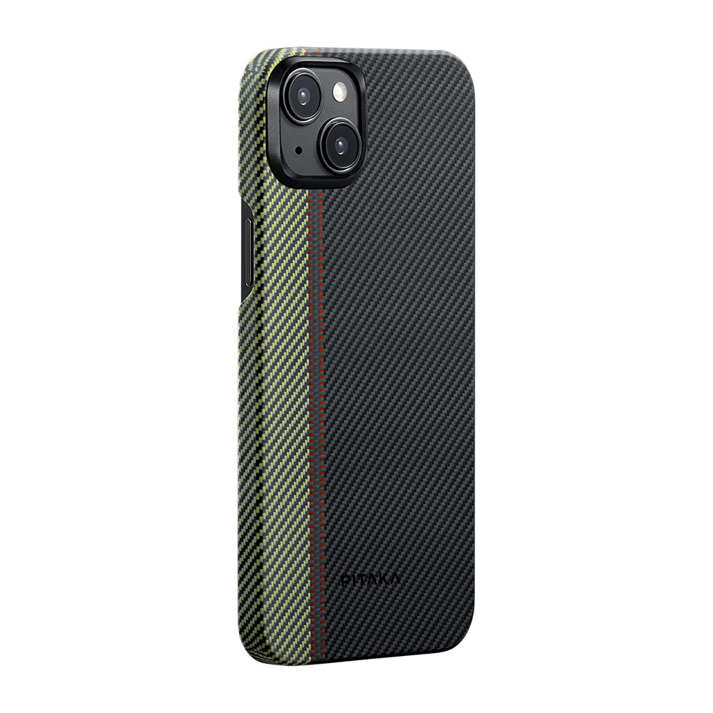 Apple iPhone 15 Plus Kılıf M-safe Şarj Özellikli 600D Aramid Fiber Pitaka Tactile Woven Orchestra Serisi Overture Kapak Siyah-Yeşil