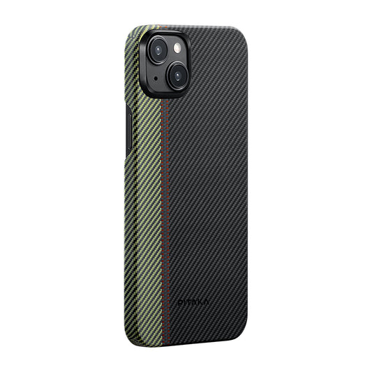 Apple iPhone 15 Plus Kılıf M-safe Şarj Özellikli 600D Aramid Fiber Pitaka Tactile Woven Orchestra Serisi Overture Kapak Siyah-Yeşil