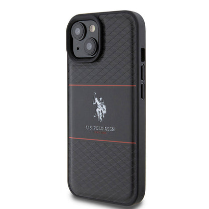 Apple iPhone 15 Plus Kılıf U.S. Polo Assn. Orjinal Lisanslı Deri Şeritli Logo Dizayn Kapak Siyah