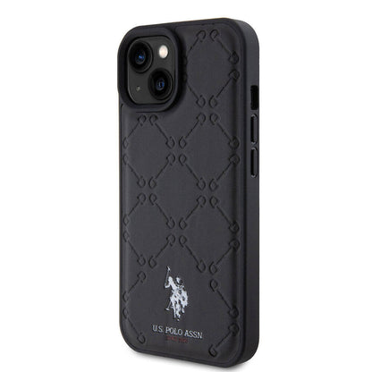 Apple iPhone 15 Plus Kılıf U.S. Polo Assn. Orjinal Lisanslı HS Desenli Baskı Logolu Suni Deri Kapak Siyah