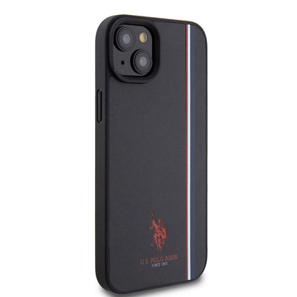 Apple iPhone 15 Plus Kılıf U.S. Polo Assn. Orjinal Lisanslı Üç Renk Şerit Tasarımlı Baskı Logolu Kapak Siyah
