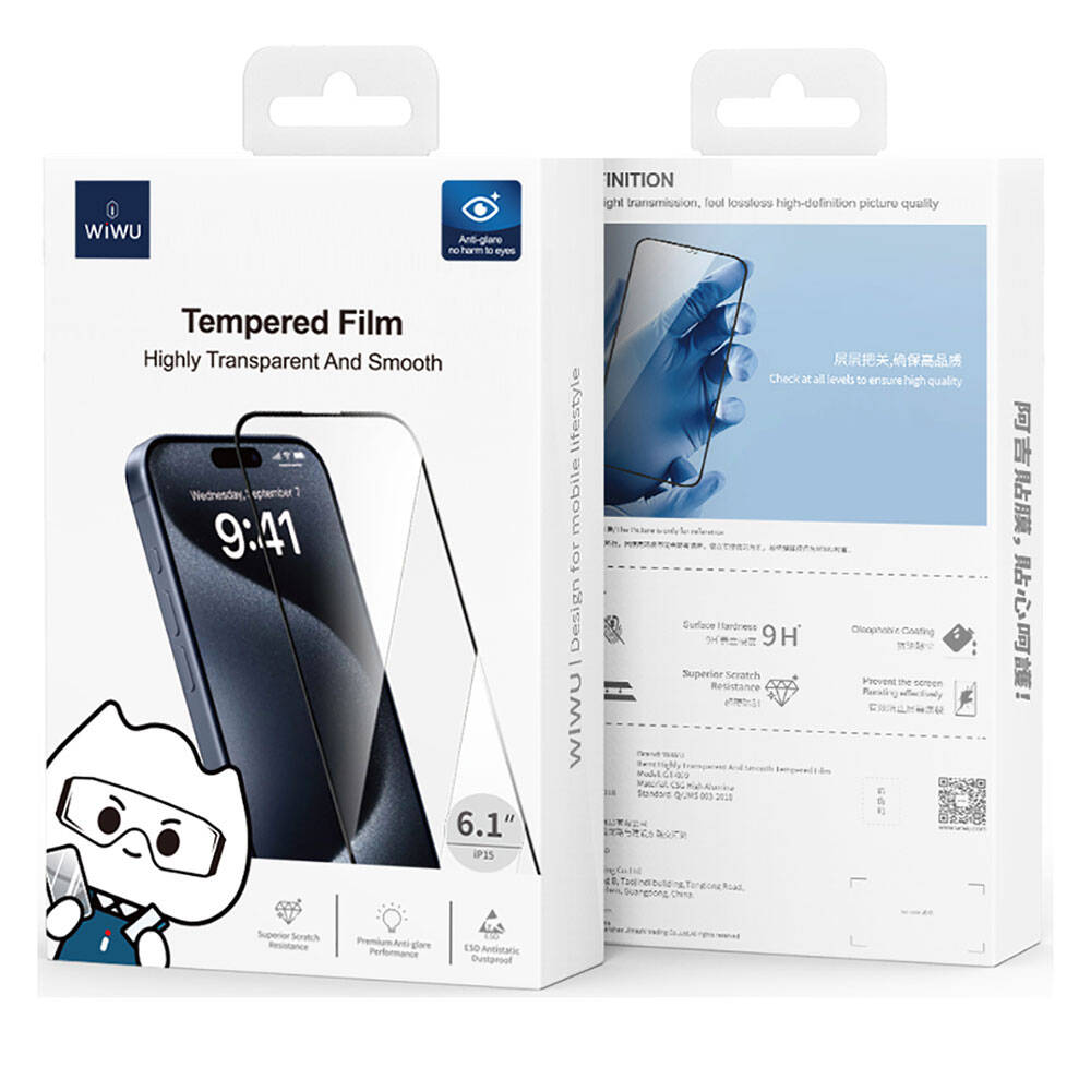 Apple iPhone 15 Plus Wiwu GT-009 Polymer Oleophobic Coating Transparent Smooth Tempered Glass Screen Protector Black 