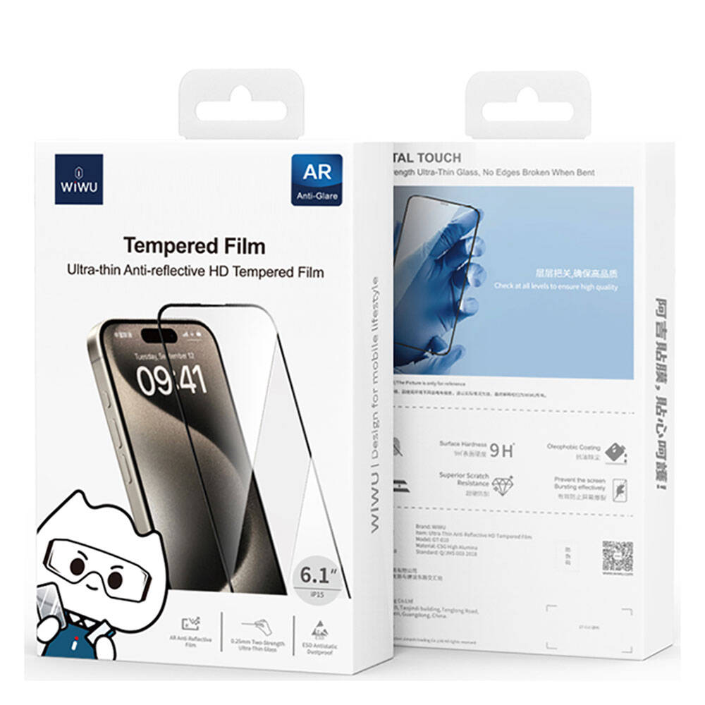 Apple iPhone 15 Plus Wiwu GT-010 Anti-Reflective Polymer Oleophobic Coating Ultra Thin Tempered Glass Screen Protector Black 