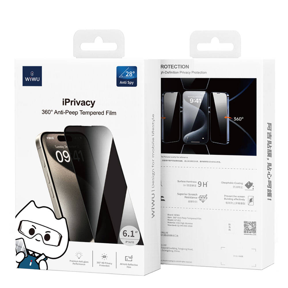 Apple iPhone 15 Plus Wiwu GT-011 Anti-Bacterial Polymer Oleophobic Coating Tempered Privacy Glass Screen Protector Black