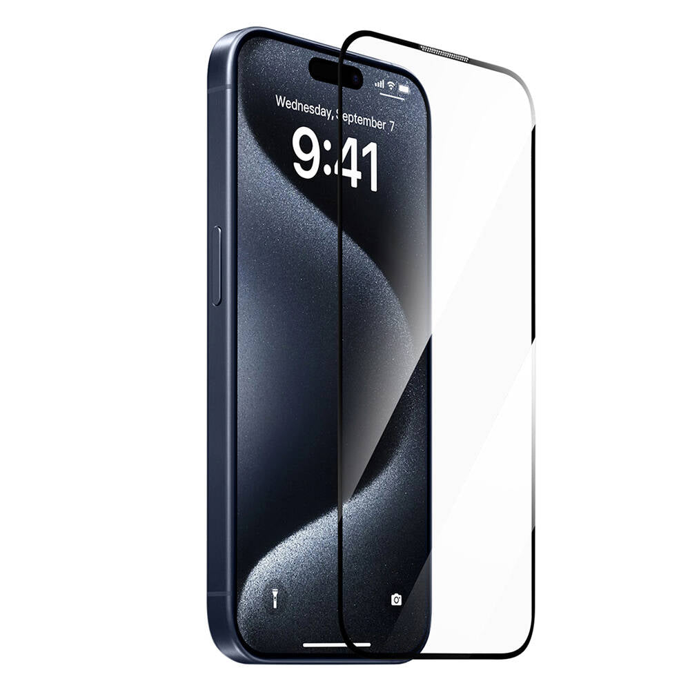 Apple iPhone 15 Plus Wiwu SQ-008 Oleophobic Easy Install Impact Resistant Tempered Glass Screen Protector + Easy Application Tool Black 